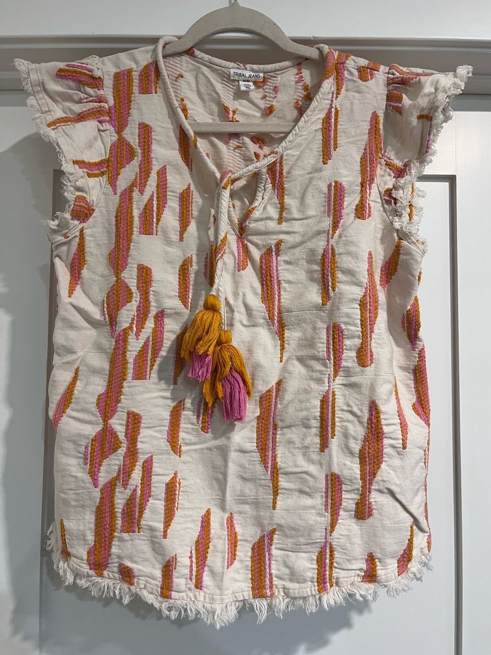 Tribal Jeans Cream Tunic Blouse with Pink & Orange Tassel Embroidery